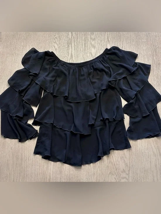 Show Me Your Mumu Chi Chi Top Black Off Shoulder Ruffle Blouse Boho Medium - Picture 5 of 7
